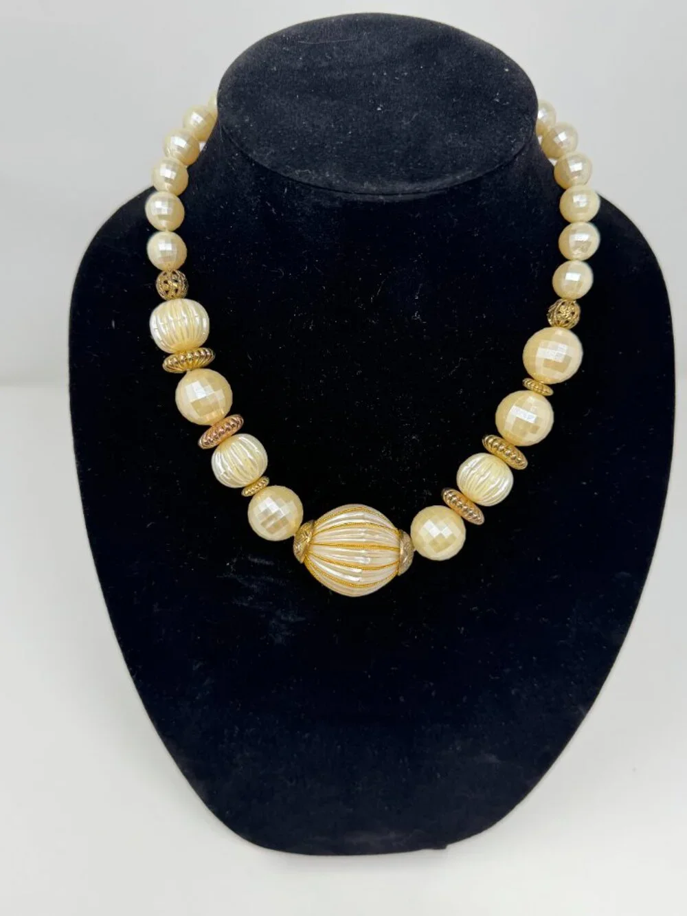Lot of 2 Vintage Lucite Faux Pearl Statement Necklaces Gold Accent Chunky 18